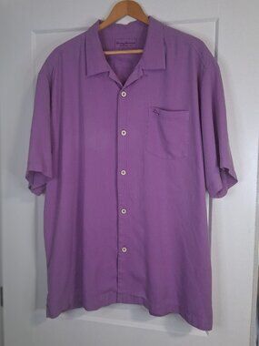 Tommy Bahama Silk Shirt Mens 2XL Hawaiian Style Vacation Solid Purple Button Up